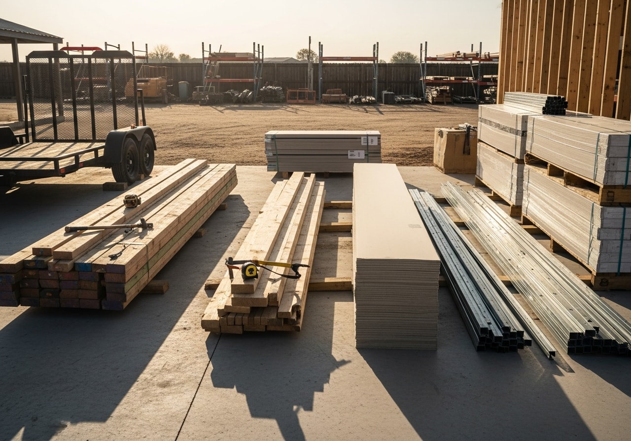 Construction crew and tools on an active job site, showcasing framing and structural work in progress.