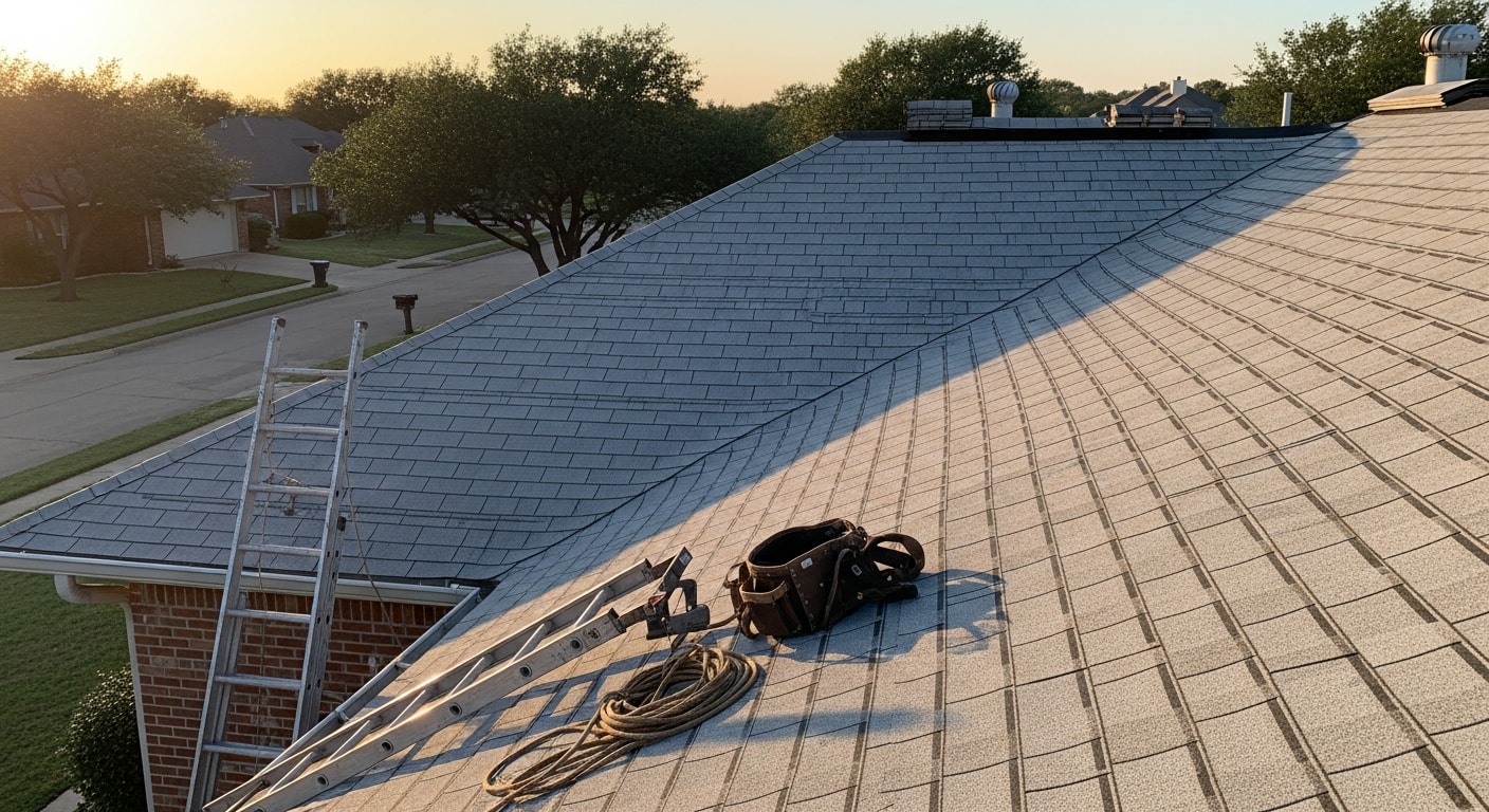 Roofer installing shingles on a residential roof