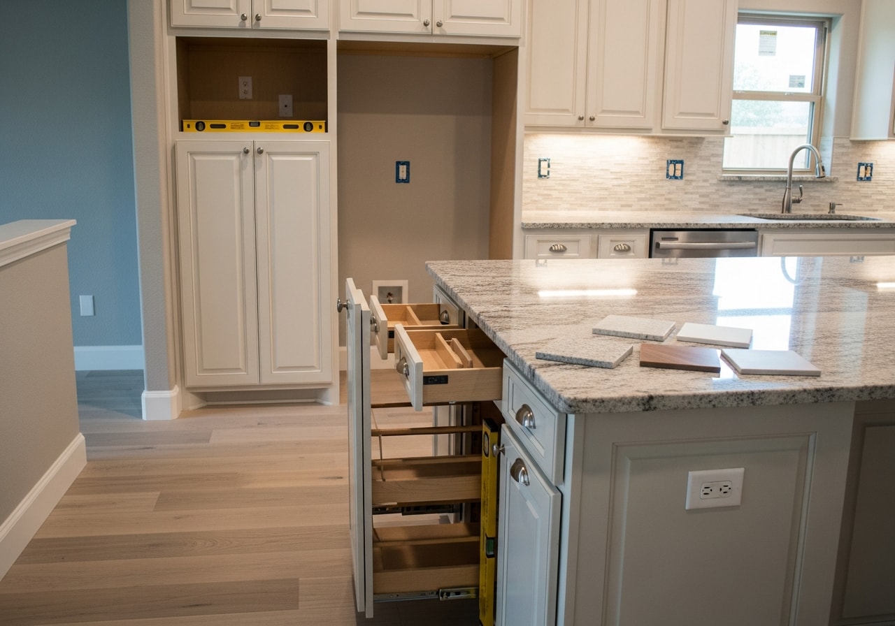 Modern kitchen with custom cabinets and granite, and updated bathroom in Plano home