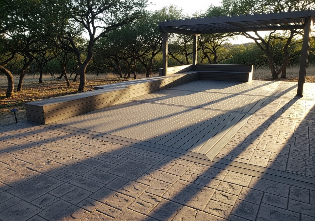 Large composite deck with pergola and stamped concrete patio in Cleburne backyard
