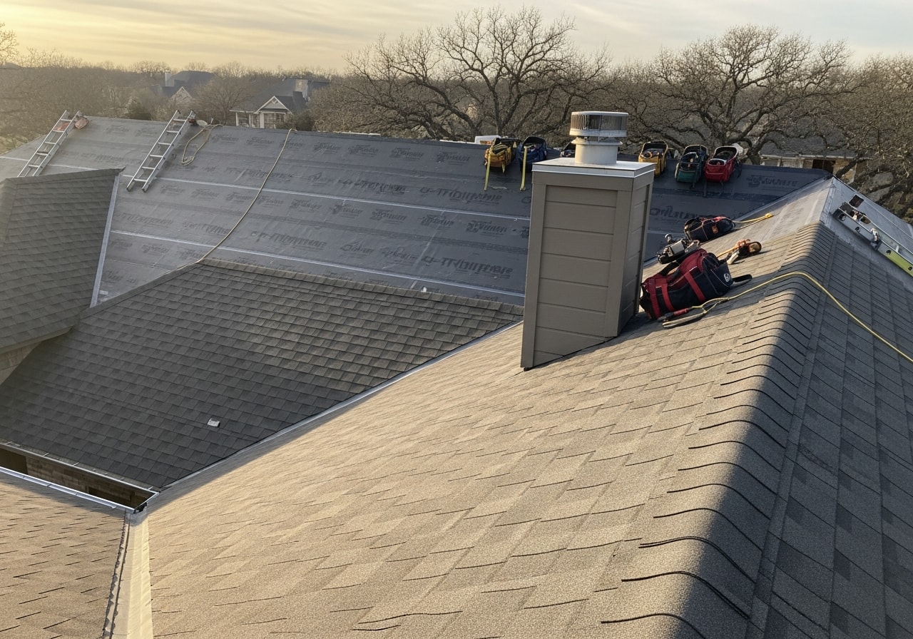 New architectural shingle roof on two-story home with updated flashing in Waxahachie