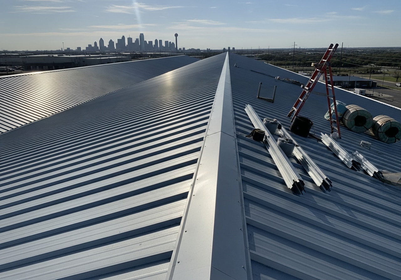Standing-seam metal roof on commercial warehouse building in Dallas
