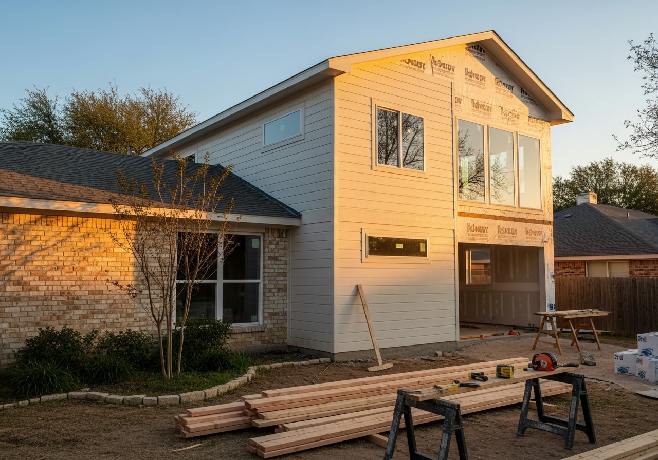Two-story home with new second-floor addition and matching roof line in Arlington