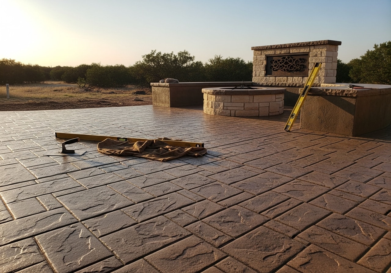 Decorative stamped concrete patio with built-in fire pit seating in Joshua