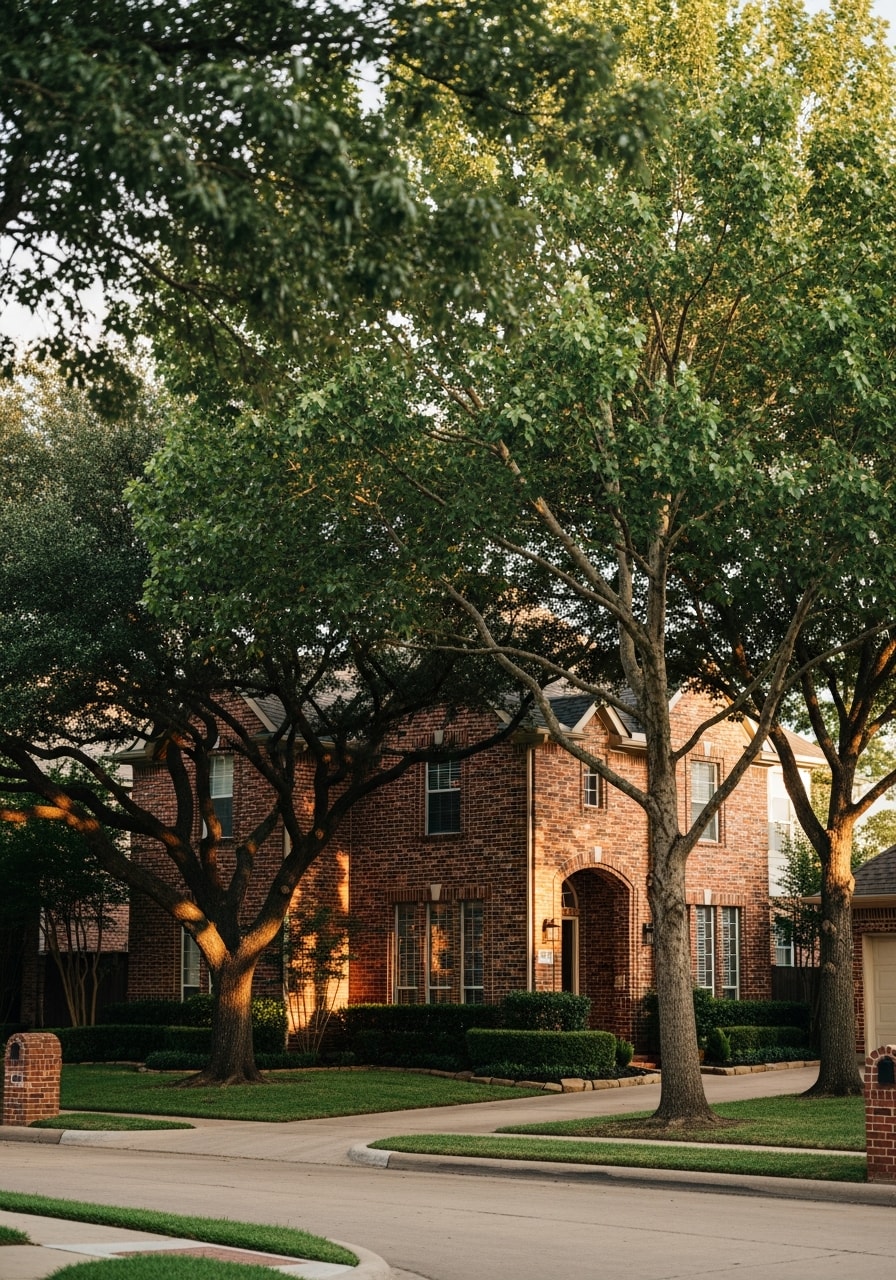Coppell street showing quality residential properties with mature landscaping typical of the city's neighborhoods.