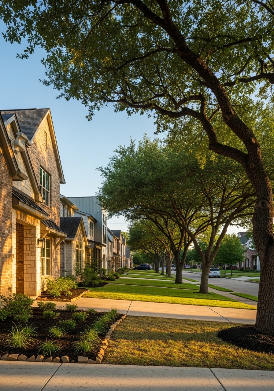 Dallas neighborhood street showing residential homes with varied architectural styles and mature landscaping.