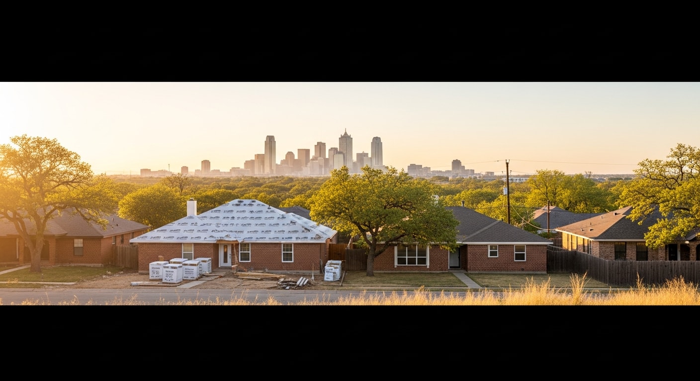 Fort Worth skyline with residential neighborhoods in foreground, showing mix of older and newer homes.