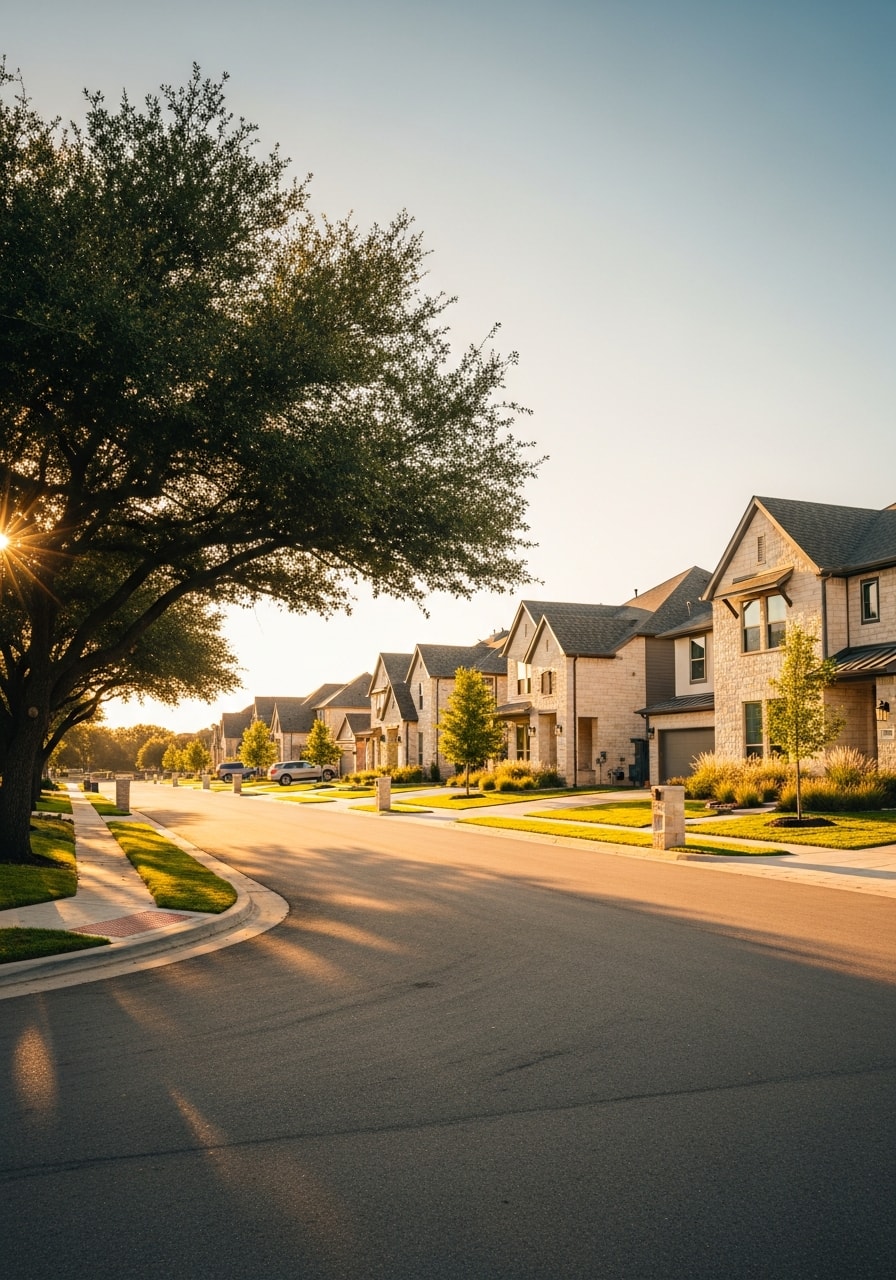 Frisco residential street featuring contemporary homes with professional landscaping typical of the city's newer developments.