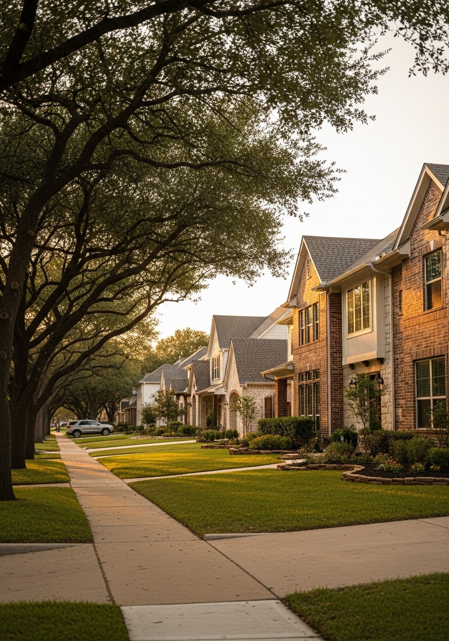 Plano suburban street showing residential properties with varied home styles and mature neighborhood character.