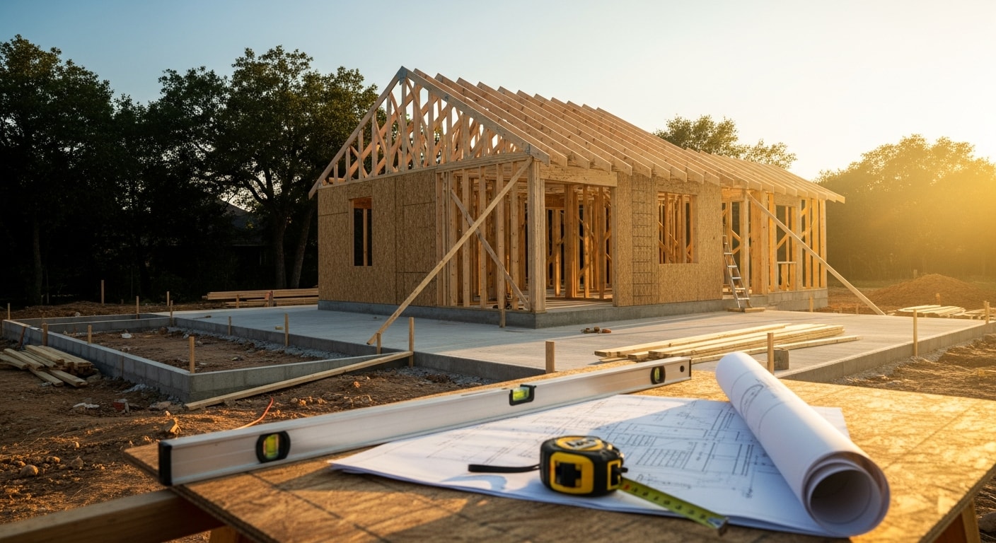 A newly constructed detached accessory dwelling unit in a Fort Worth residential backyard, showing a single-story structure with a private entrance and exterior that matches the primary home. The unit sits on a concrete foundation with clear setbacks from the property line, reflecting Fort Worth code-compliant ADU construction.