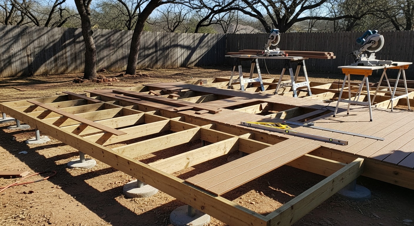 A newly constructed wood-framed backyard deck attached to a single-family home in Fort Worth, Texas, with clean railing lines and a ground-level stair entry. The deck is set against a residential backyard with a clear blue Texas sky overhead.