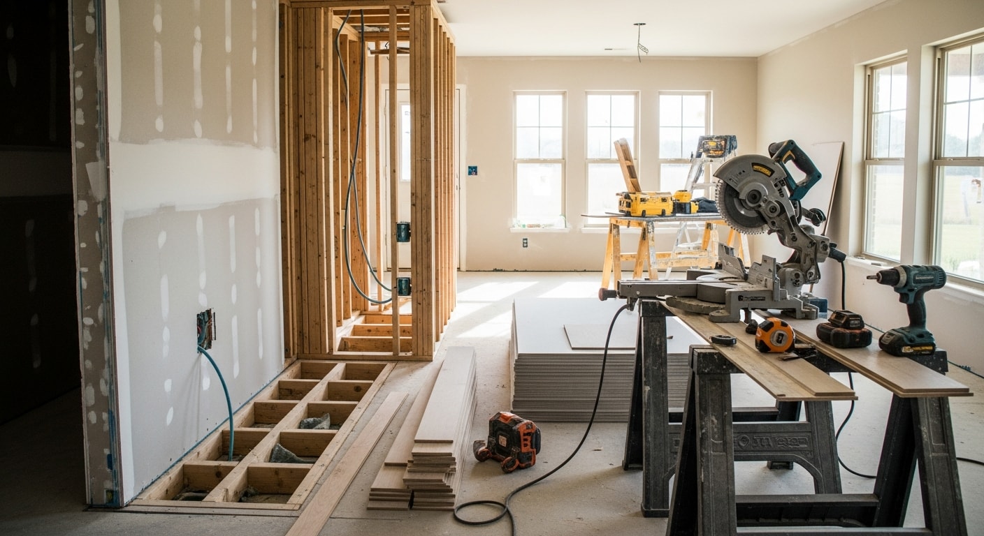 A fully remodeled Fort Worth home interior showing an open-concept kitchen and living area with updated flooring and modern finishes. The space reflects a complete whole-home renovation completed by a Fort Worth general contractor.