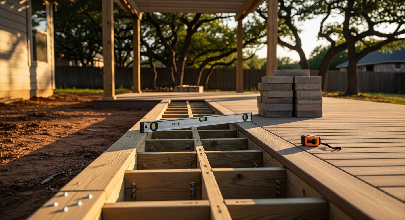 A custom-designed outdoor living space at a Fort Worth home featuring a covered patio, wood deck, and built-in seating area surrounded by a landscaped backyard. The structure includes a pergola shade cover suited to the North Texas climate.