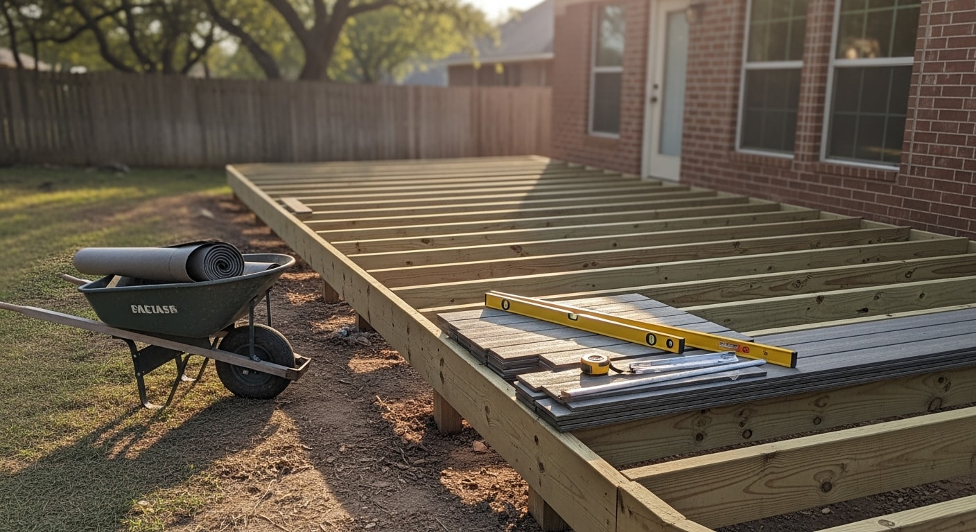 A finished backyard renovation at a Fort Worth home showing a covered patio with a wood-framed deck, outdoor seating area, and clean hardscape surface. The structure connects directly to the home's rear exterior and is designed for year-round outdoor use in North Texas.