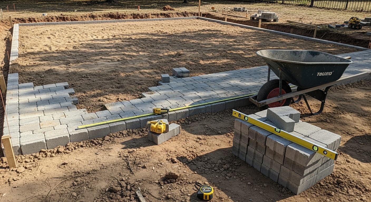 A finished custom patio in a Fort Worth backyard, featuring a level hardscape surface with a shade structure and outdoor seating area. The build shows clean edges, proper drainage slope, and materials suited for the North Texas climate.