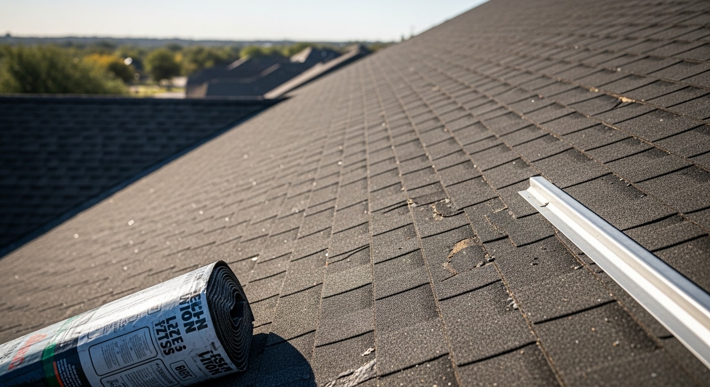 A residential roof replacement in progress on a single-family home in Fort Worth, Texas, showing new shingles being installed over repaired decking under a clear blue sky. A roofing crew works across the full slope of the roof with materials staged on the ground below.