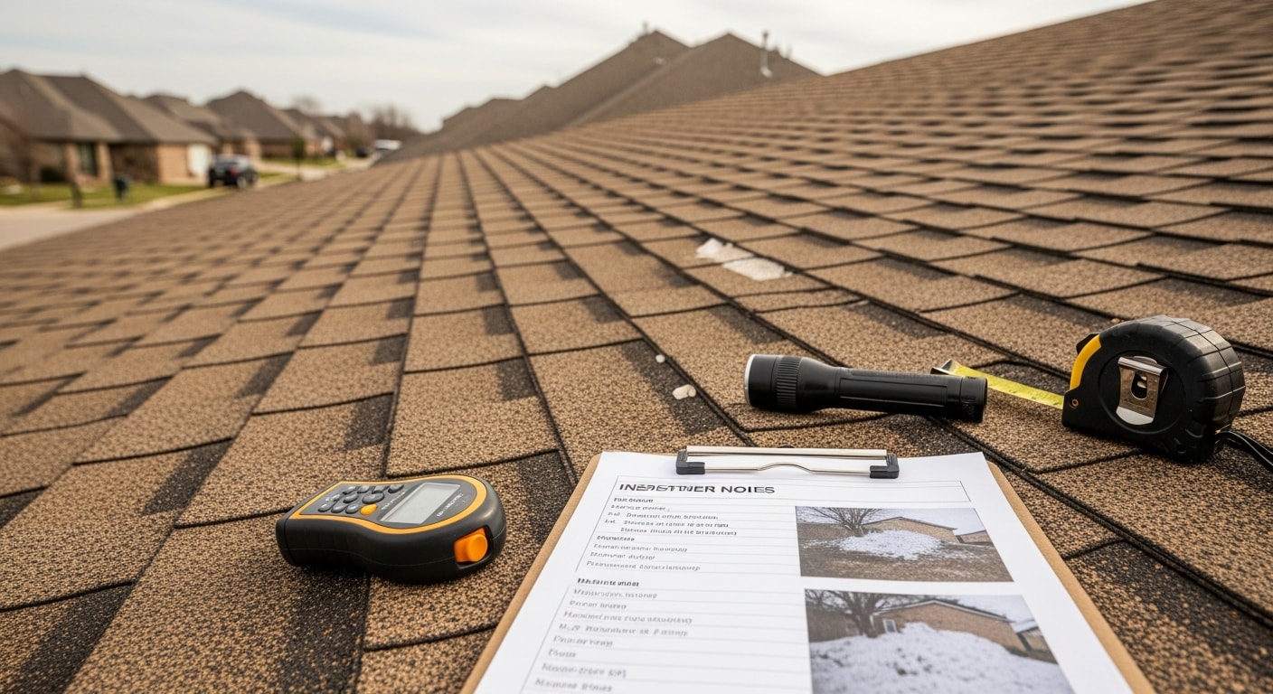 A roofing contractor from Platinum Construction ADU inspecting shingles and flashing on a residential roof in Fort Worth, Texas. Close-up view shows granule loss and hail impact marks documented during a post-storm roof inspection.