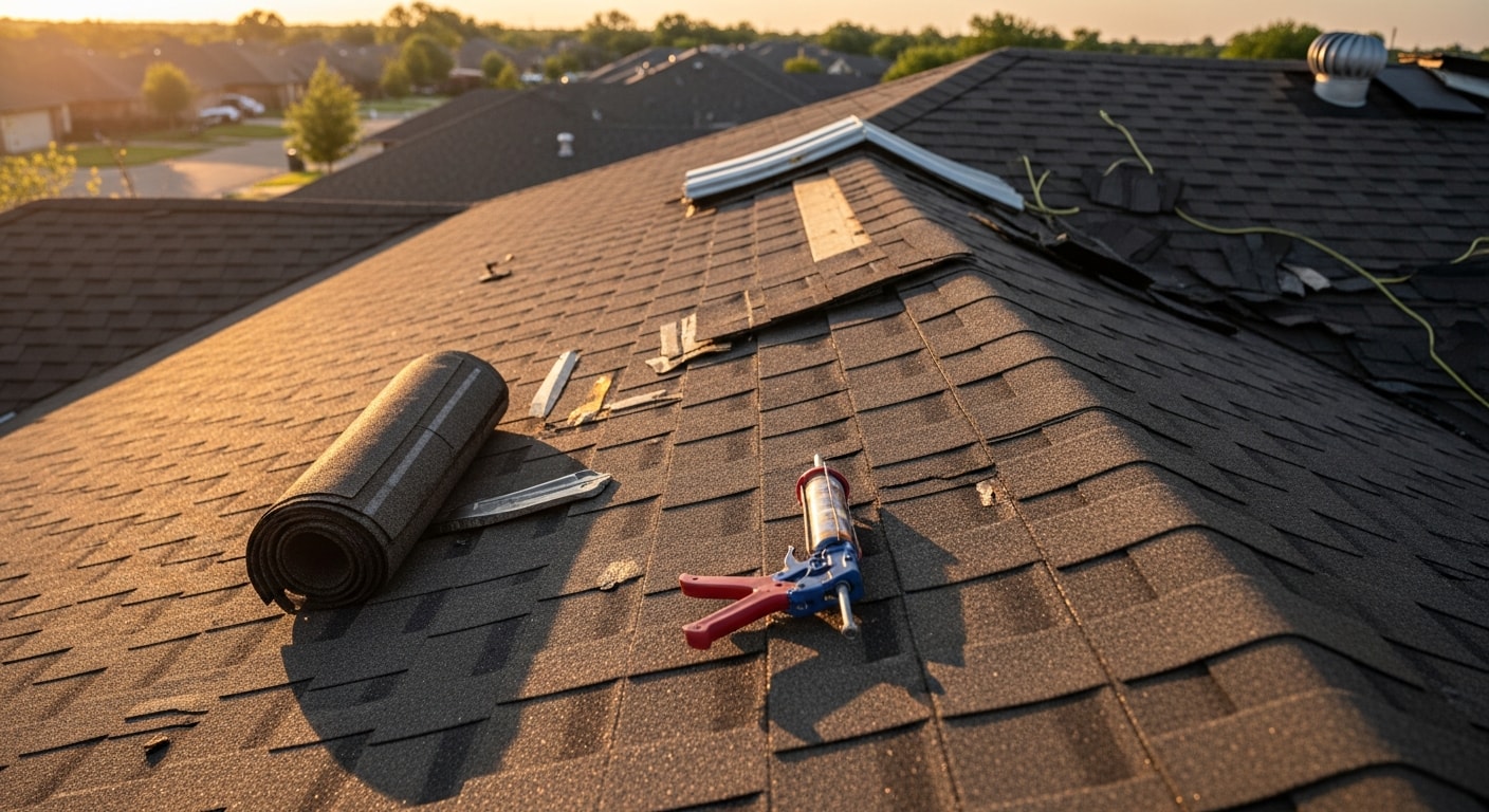 A Fort Worth residential roof showing repaired shingles and sealed flashing after hail and wind storm damage. A roofing contractor from Platinum Construction ADU inspects the completed repair on a single-family home in Tarrant County.