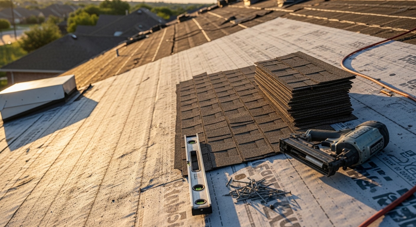 A completed residential roof replacement on a single-family home in Fort Worth, Texas, showing new shingles installed over a repaired deck with clean ridgeline and flashing. A Platinum Construction ADU crew member conducts a final post-installation walkthrough on the finished roof.