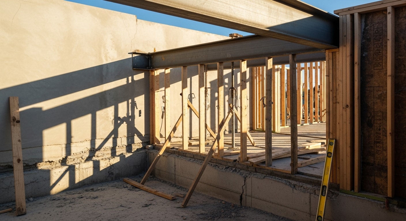 A Fort Worth home interior showing exposed framing and new load-bearing beam installation during a structural repair project. A general contractor reviews the reinforced wall structure before drywall is applied.